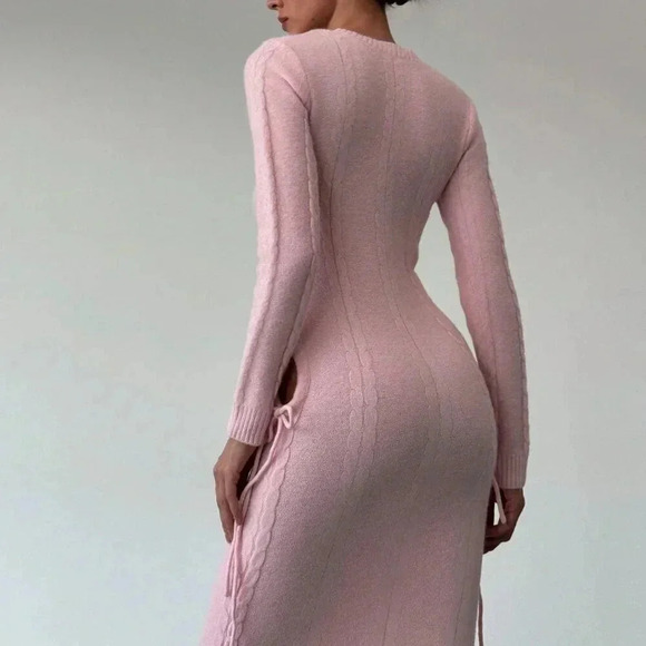 Pink Elegant Women's Warm Cinched Waist Knitted Dress - Picture 2 of 8